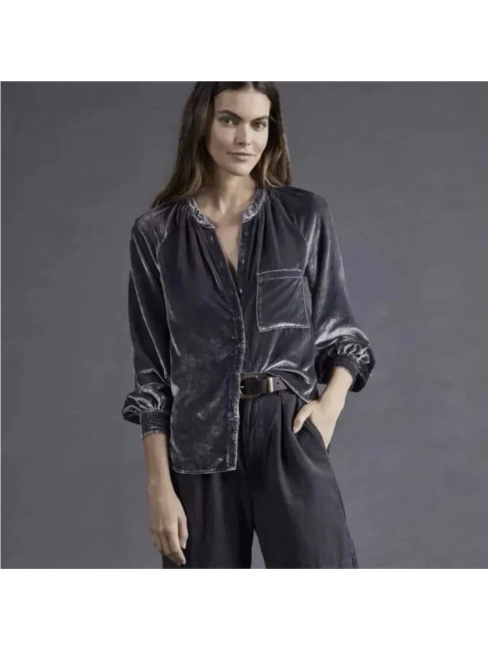 Pilcro Anthropologie Crushed Velvet Button Down Shirt Blouse XS Boho Holiday